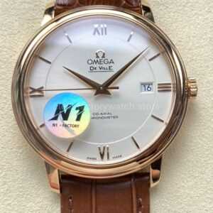 N1 Factory Omega De Ville Co-Axial 424.53.40.20.02.002 39.5mm Yellow Gold Brown Leather Strap Roman Number Silver Dial