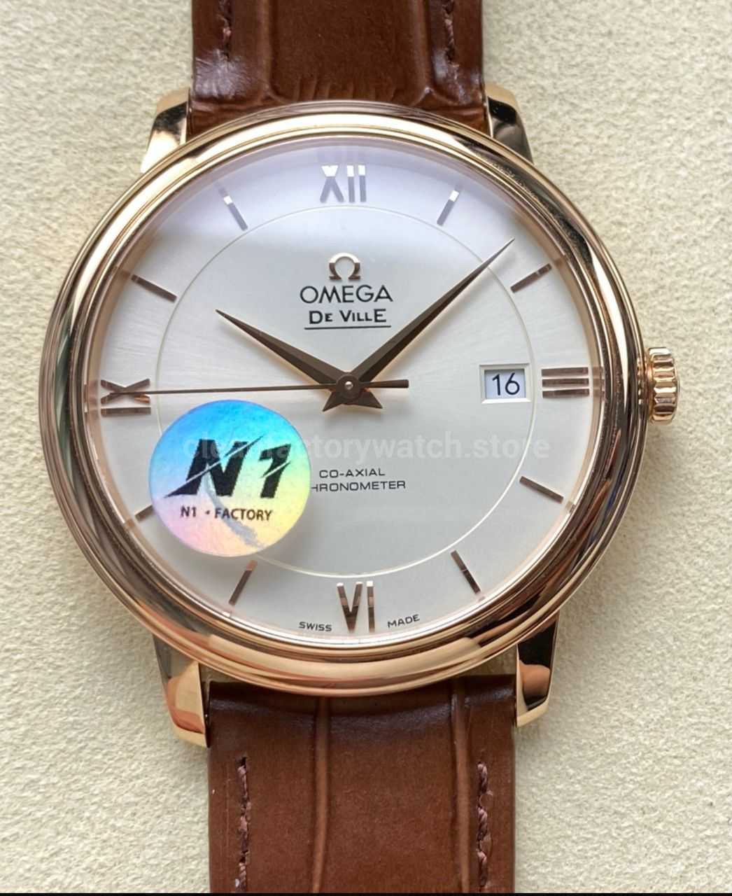 N1 Factory Omega De Ville Co-Axial 424.53.40.20.02.002 39.5mm Yellow Gold Brown Leather Strap Roman Number Silver Dial