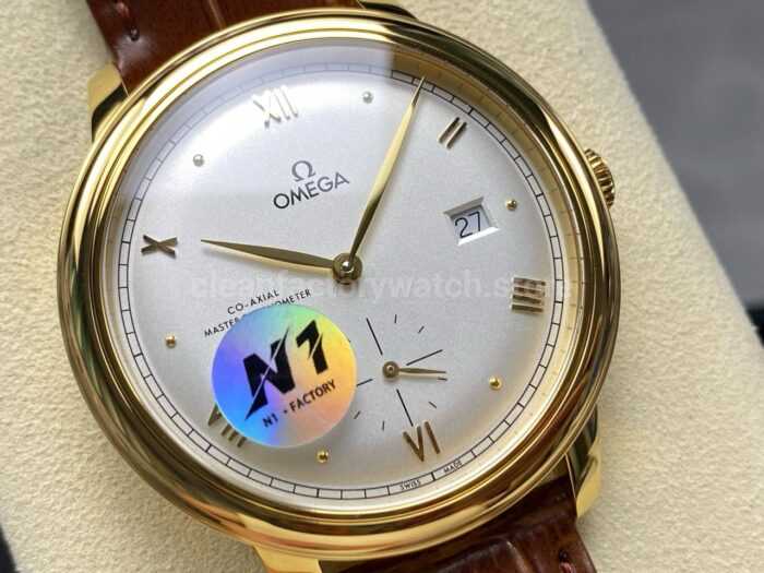 N1 Factory Omega De Ville Prestige 434.53.41.21.02.001 41mm Yellow Gold Brown Leather Strap Roman Numerals Silver Dial - Image 2
