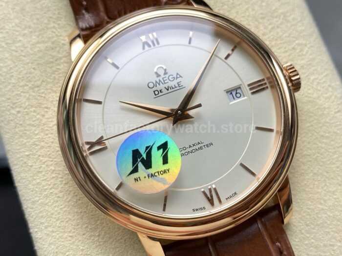N1 Factory Omega De Ville Co-Axial 424.53.40.20.02.002 39.5mm Yellow Gold Brown Leather Strap Roman Number Silver Dial - Image 2