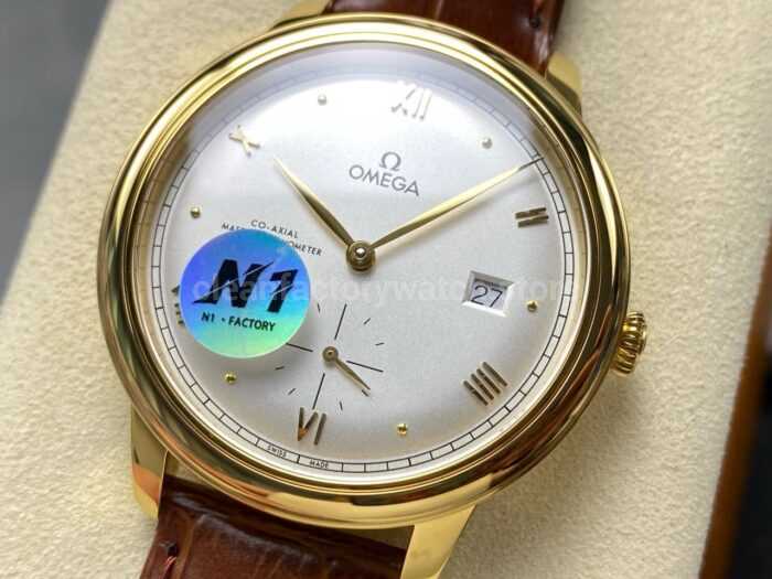 N1 Factory Omega De Ville Prestige 434.53.41.21.02.001 41mm Yellow Gold Brown Leather Strap Roman Numerals Silver Dial - Image 3