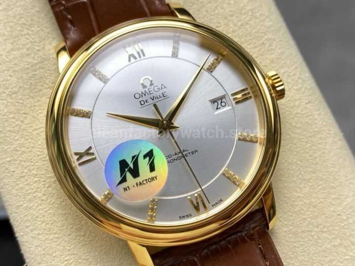 N1 Factory Omega De Ville Co-Axial 424.53.40.20.52.001 39.5mm Yellow Gold Brown Leather Strap Roman Number Silver Dial - Image 2