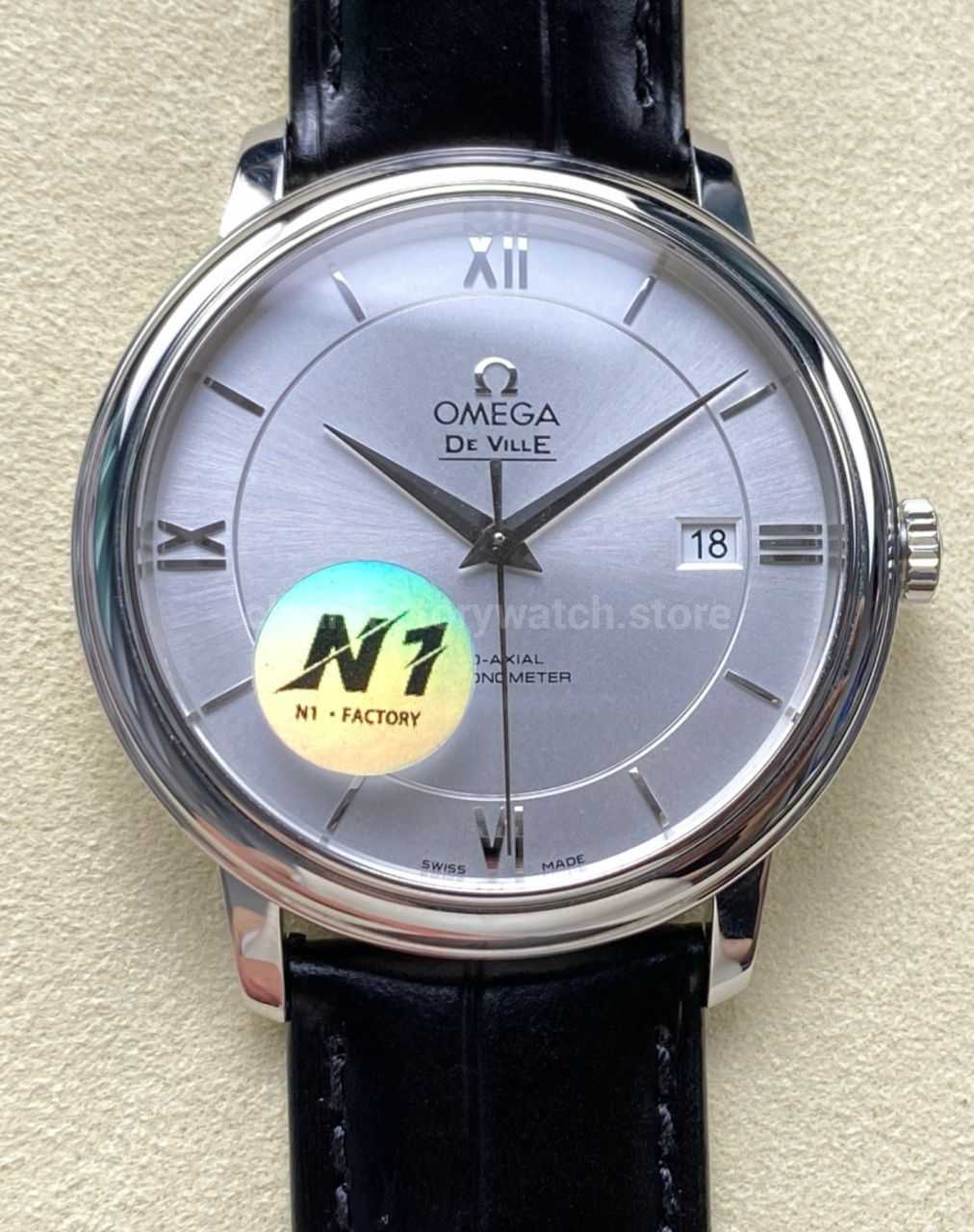 N1 Factory Omega De Ville Co-Axial 424.13.40.20.02.001 39.5mm Steel Black Leather Strap Roman Number Silver Dial