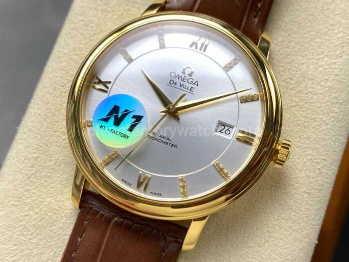 N1 Factory Omega De Ville Co-Axial 424.53.40.20.52.001 39.5mm Yellow Gold Brown Leather Strap Roman Number Silver Dial - Image 3