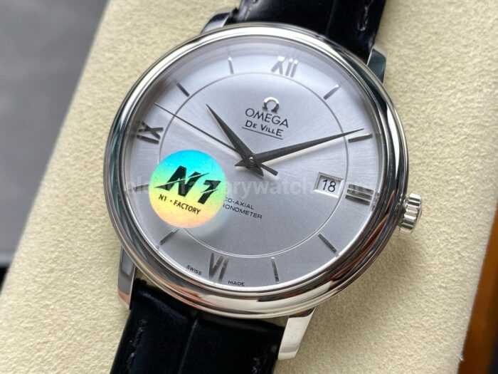 N1 Factory Omega De Ville Co-Axial 424.13.40.20.02.001 39.5mm Steel Black Leather Strap Roman Number Silver Dial - Image 3
