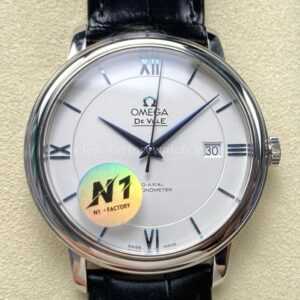 N1 Factory Omega De Ville Co-Axial 424.53.40.20.04.001 39.5mm White Gold Black Leather Strap Roman Number Silver Dial