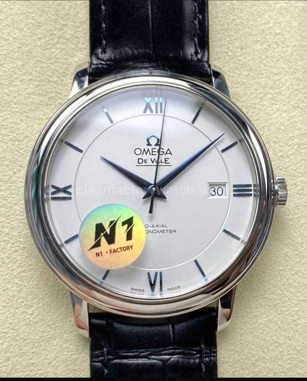 N1 Factory Omega De Ville Co-Axial 424.53.40.20.04.001 39.5mm White Gold Black Leather Strap Roman Number Silver Dial