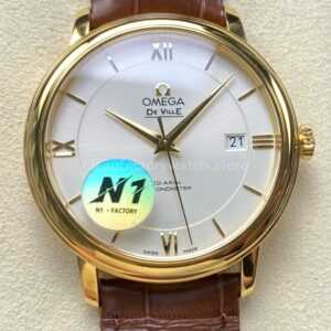 N1 Factory Omega De Ville Co-Axial 424.53.40.20.02.001 39.5mm Rose Gold Brown Leather Strap Roman Number Silver Dial