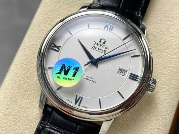 N1 Factory Omega De Ville Co-Axial 424.53.40.20.04.001 39.5mm White Gold Black Leather Strap Roman Number Silver Dial - Image 3