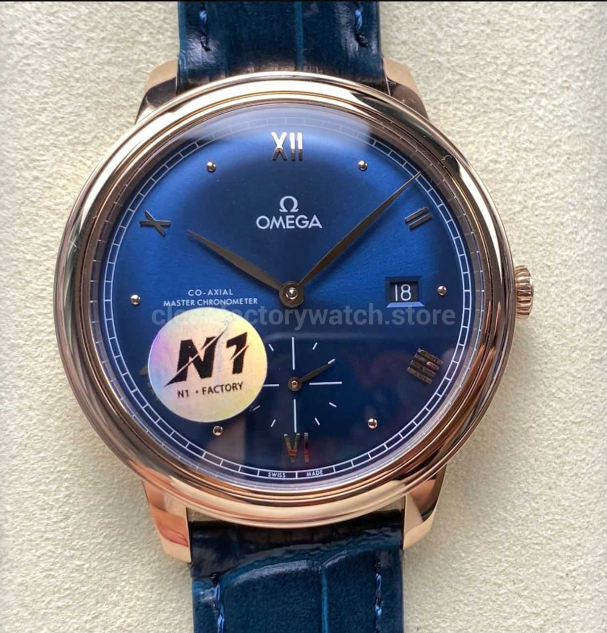 N1 Factory Omega De Ville Prestige 434.53.41.20.03.001 41mm Rose Gold Blue Leather Strap Roman Numerals Blue Dial