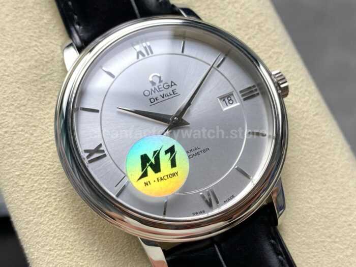 N1 Factory Omega De Ville Co-Axial 424.13.40.20.02.001 39.5mm Steel Black Leather Strap Roman Number Silver Dial - Image 2