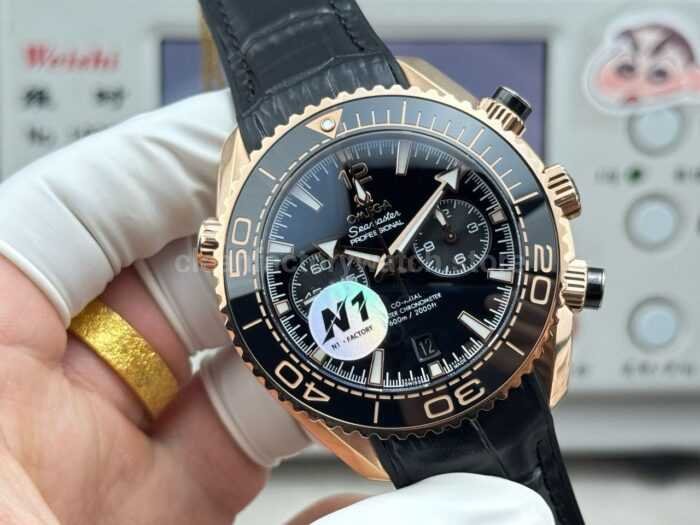 N1 Factory Omega Seamaster Planet Ocean Chronograph 45mm Full Yellow Gold Black Leather Strap Black Dial - Image 3