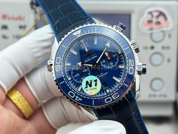 N1 Factory Omega Seamaster Planet Ocean Chronograph 215.30.46.51.03.001 45mm Steel Blue Leather Strap Blue Dial - Image 3
