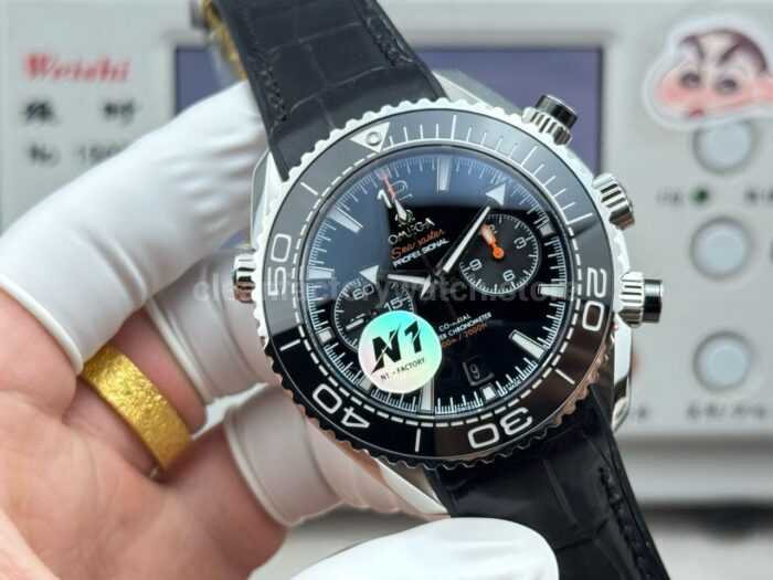 N1 Factory Omega Seamaster Planet Ocean Chronograph 215.33.46.51.01.001 45mm Steel Black Leather Strap Black Dial - Image 3