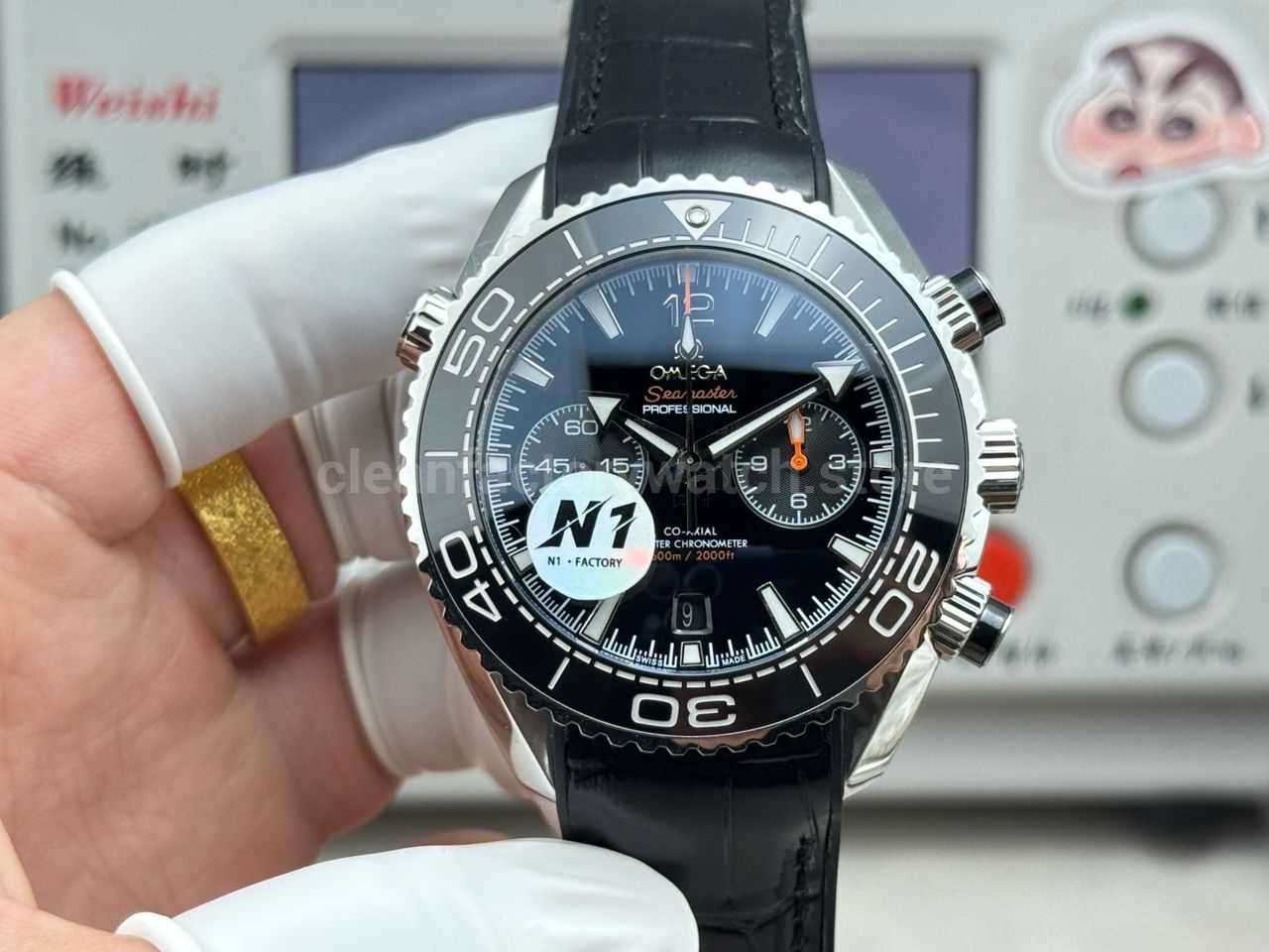 N1 Factory Omega Seamaster Planet Ocean Chronograph 215.33.46.51.01.001 45mm Steel Black Leather Strap Black Dial