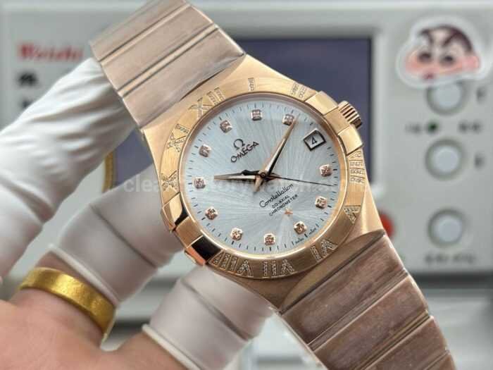 OVS Factory Omega Constellation 123.55.38.21.52.007 38mm Full Rose Gold Diamond Bezel Diamond Silver Dial - Image 4