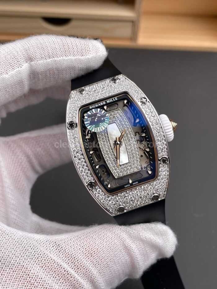 ZF Factory Richard Mille RM 07 31.4mm Diamond Bezel Black Rubber Strap Skeletonized White Dial - Image 3