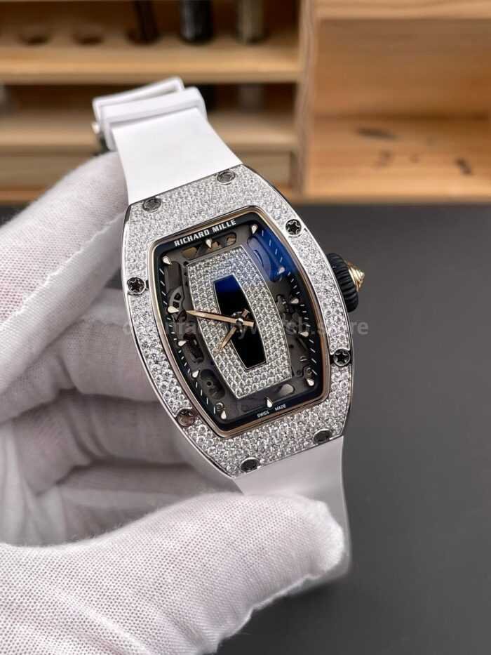 ZF Factory Richard Mille RM 07 31.4mm Diamond Bezel White Rubber Strap Skeletonized Black Dial - Image 3