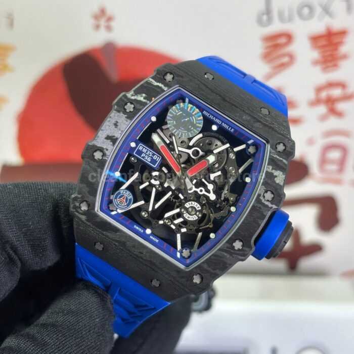 ZF Factory Richard Mille RM 35-01 PSG 42mm Black Carbon Fiber Blue Rubber Strap Black Skeletonized Dial - Image 3