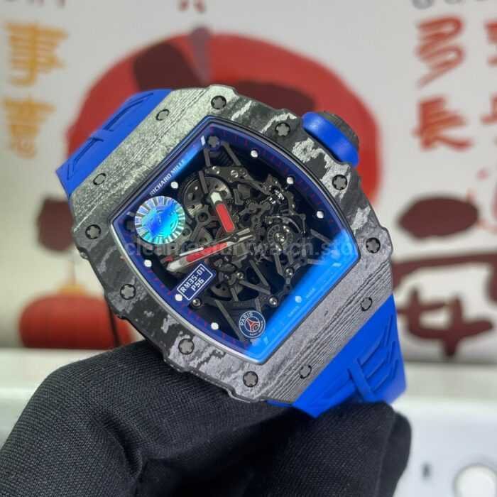 ZF Factory Richard Mille RM 35-01 PSG 42mm Black Carbon Fiber Blue Rubber Strap Black Skeletonized Dial - Image 2