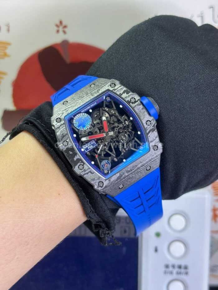 ZF Factory Richard Mille RM 35-01 PSG 42mm Black Carbon Fiber Blue Rubber Strap Black Skeletonized Dial - Image 4