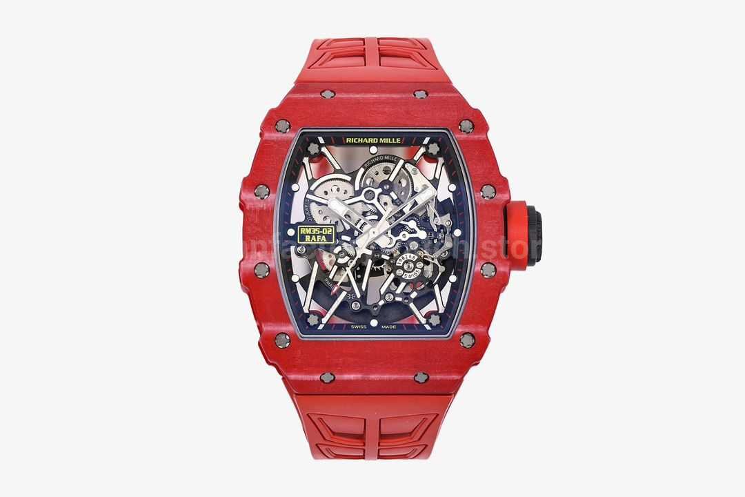 ZF Factory Richard Mille RM 35-02 44.5mm Red Carbon Fiber Red Rubber Strap Black Skeletonized Dial