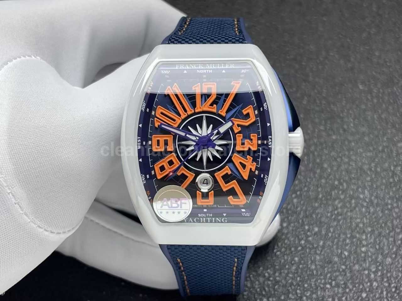 ABF Factory Franck Muller Vanguard V45 44mm White Ceramic Blue Textile Strap Orange Arabic Numerals Blue Dial