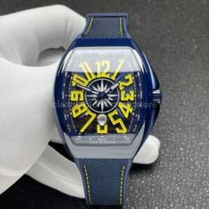 ABF Factory Franck Muller Vanguard V45 44mm White Ceramic Textile Strap Yellow Arabic Numerals Blue Dial