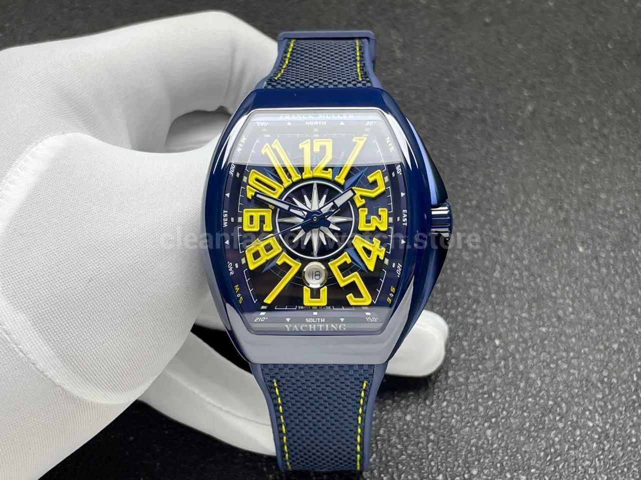ABF Factory Franck Muller Vanguard V45 44mm White Ceramic Textile Strap Yellow Arabic Numerals Blue Dial