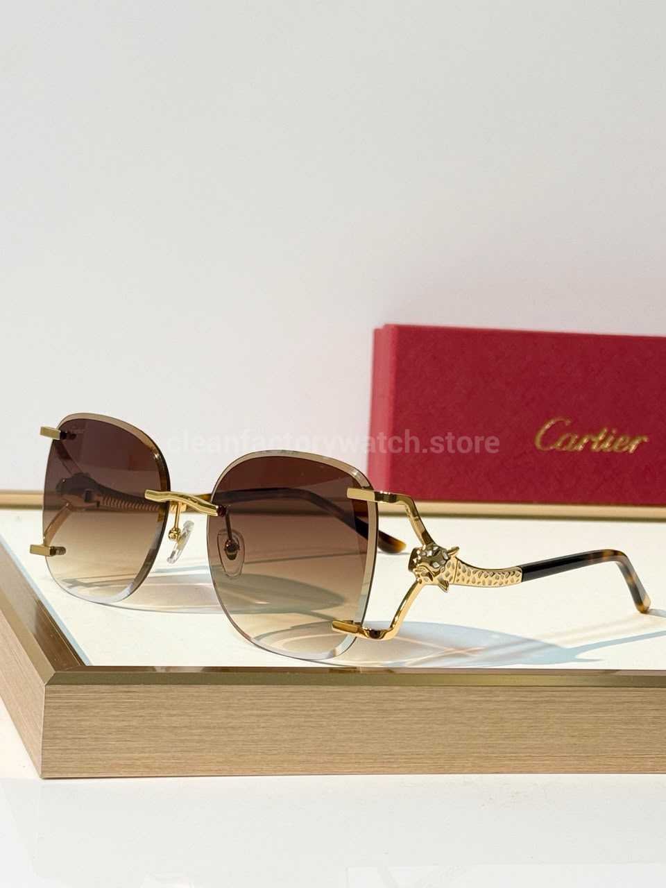 Cartier CT02283O Rimless Sunglasses | Gold-Tone Panther Temples & Brown Gradient Lenses