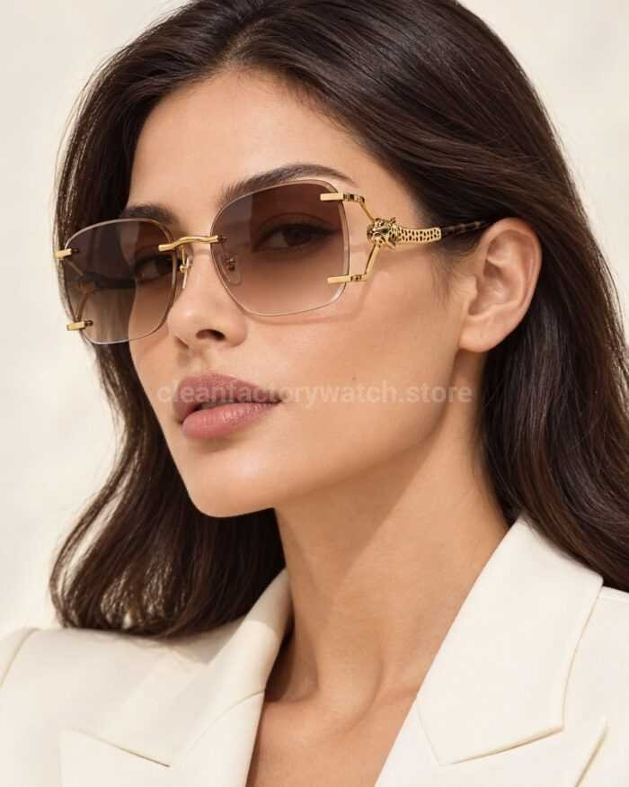 Cartier CT02283O Rimless Sunglasses | Gold-Tone Panther Temples & Brown Gradient Lenses - Image 2