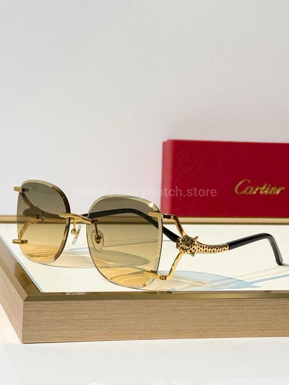 Cartier CT02283O Rimless Sunglasses | Gold-Tone Panther Temples & Grey-Green to Yellow Gradient Lenses