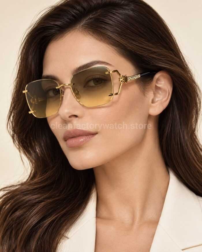 Cartier CT02283O Rimless Sunglasses | Gold-Tone Panther Temples & Grey-Green to Yellow Gradient Lenses - Image 2