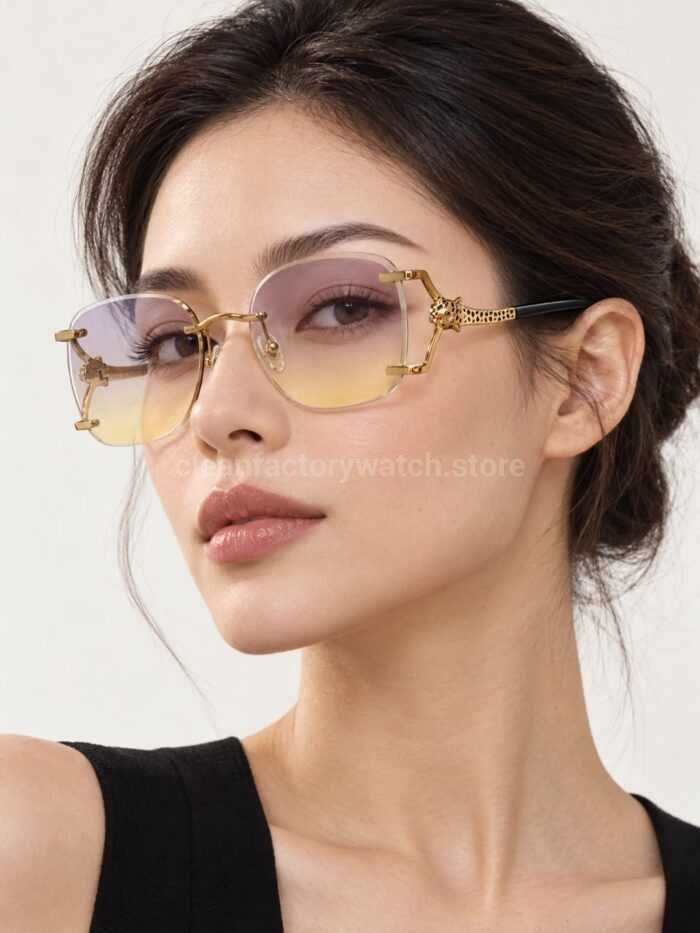 Cartier CT02283O Rimless Sunglasses | Gold-Tone Panther Temples & Purple–Yellow Gradient Lenses - Image 2