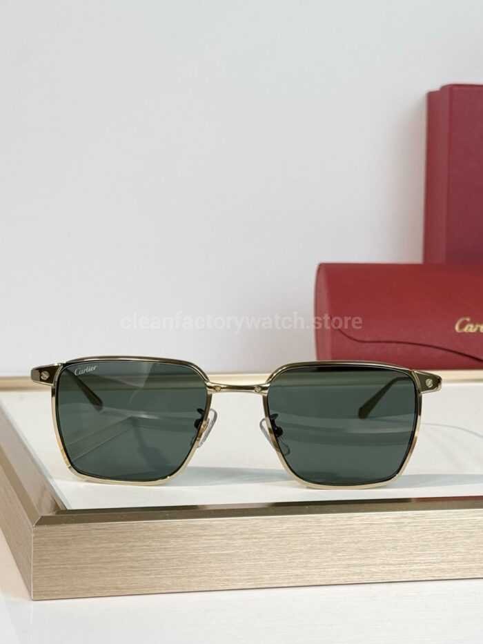 Cartier CT0614O Titanium Square Sunglasses | Gold-Tone Frame, Slim Temples & Dark Green Lenses - Image 3