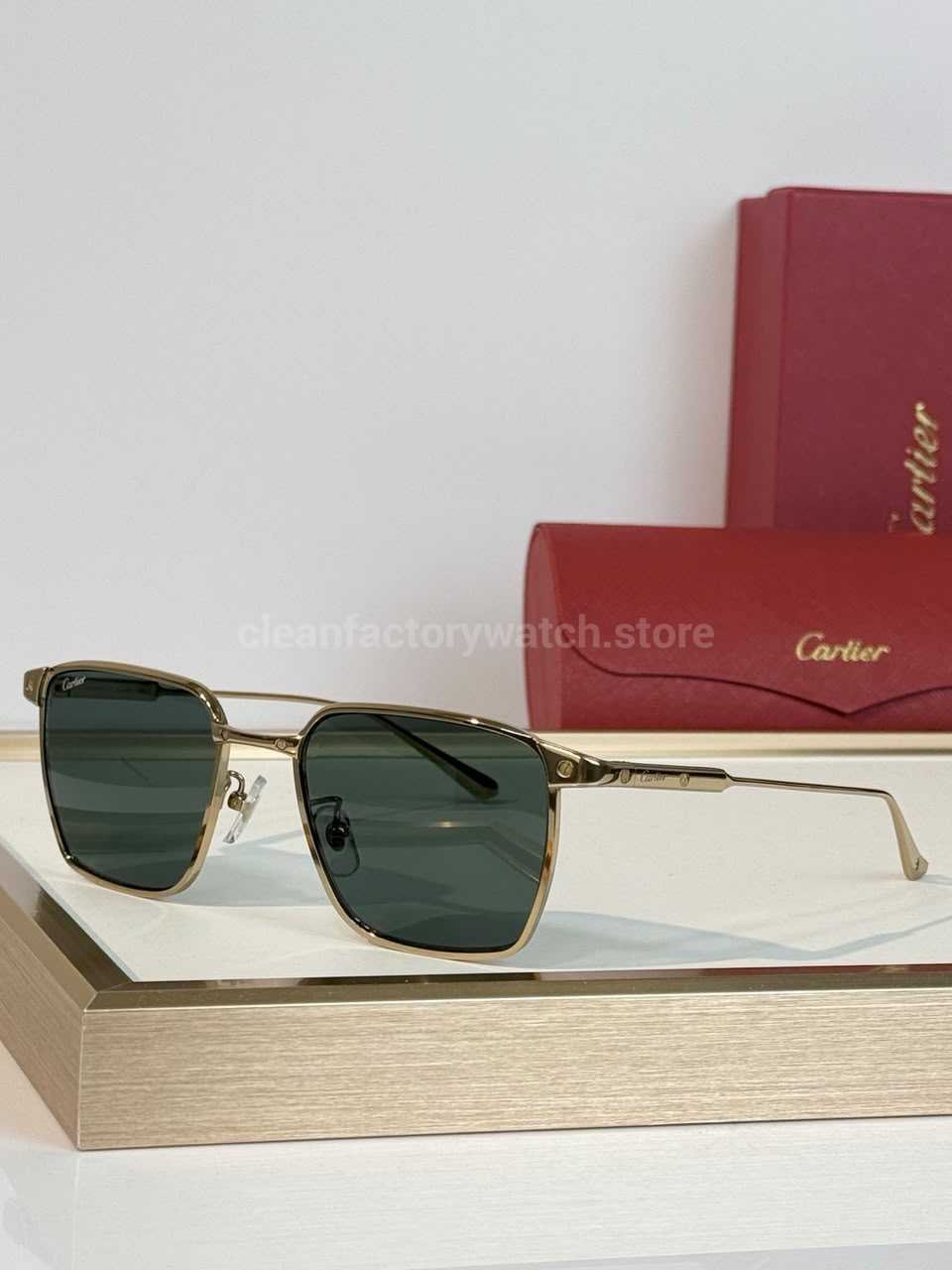 Cartier CT0614O Titanium Square Sunglasses | Gold-Tone Frame, Slim Temples & Dark Green Lenses