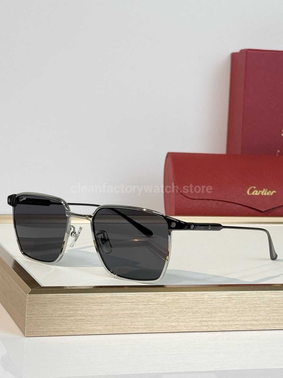 Cartier CT0614O Titanium Square Sunglasses Silver Tone Frame, Black Temples & Dark Grey Lenses