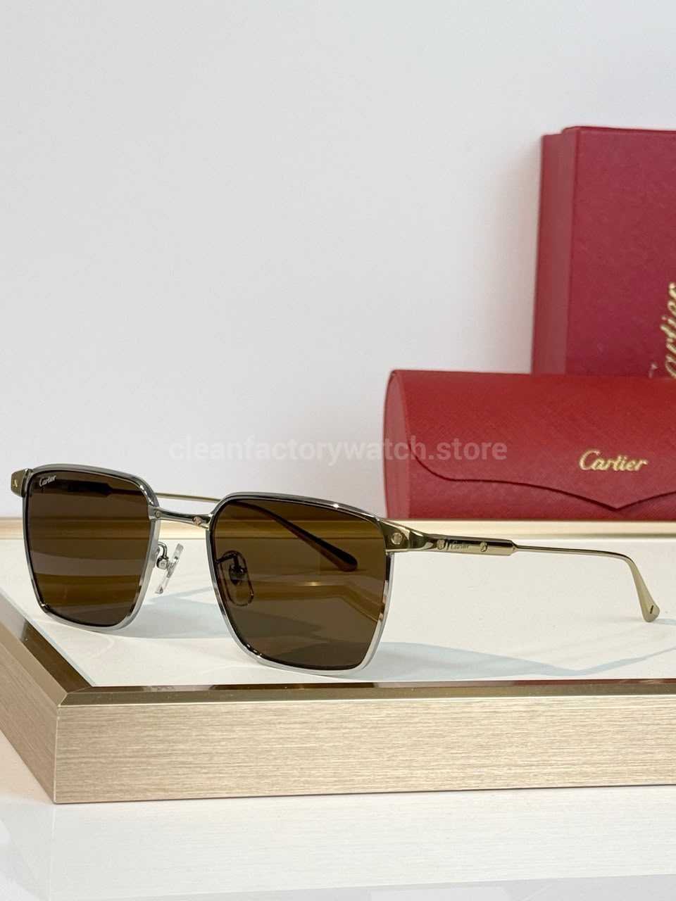 Cartier CT0614O Titanium Square Sunglasses | Silver-Tone Frame, Gold-Tone Temples & Brown Lenses