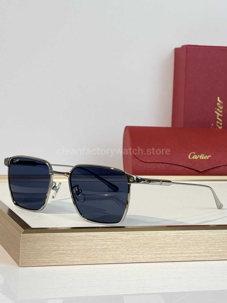Cartier CT0614O Titanium Square Sunglasses | Silver-Tone Frame, Slim Temples & Dark Blue Lenses