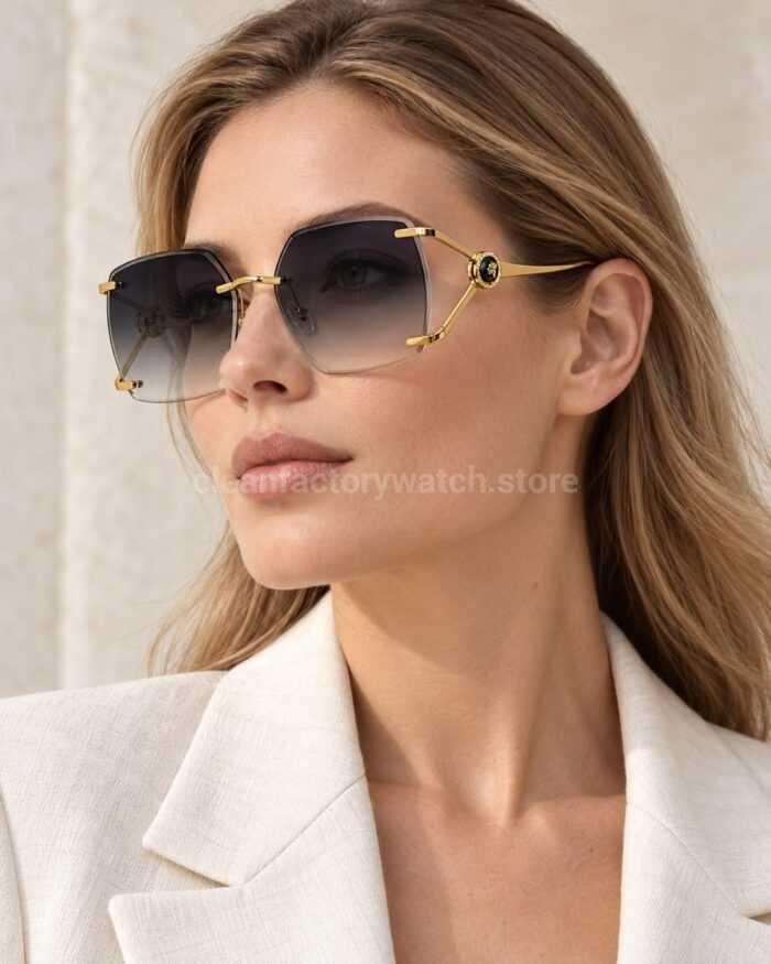 Cartier CT7194S Rimless Sunglasses | Gold-Tone Temples, Black Circular Accents & Grey Gradient Lenses - Image 2