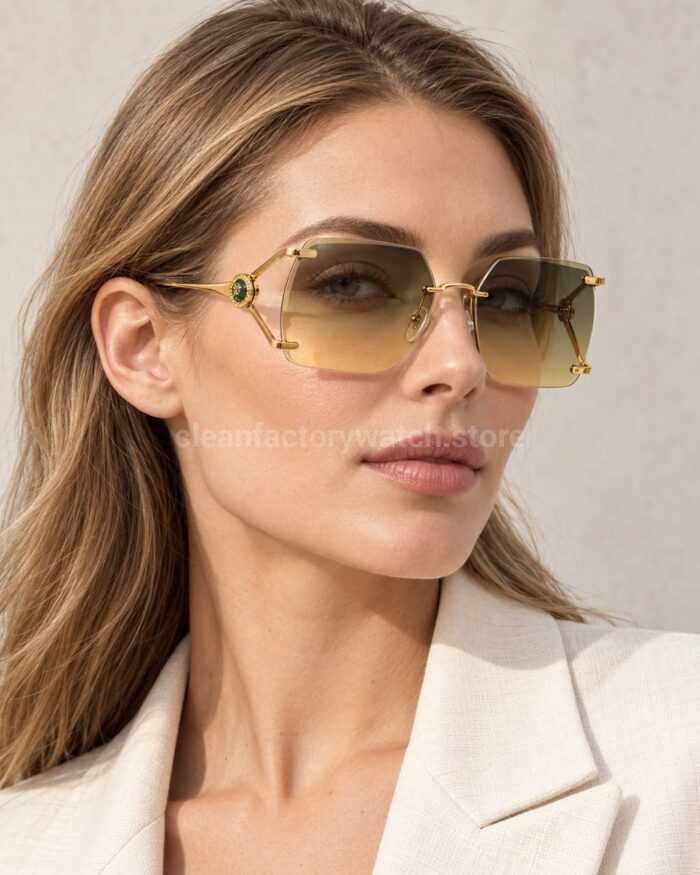 Cartier CT7194S Rimless Sunglasses | Gold-Tone Temples, Green Circular Accents & Grey-Green to Yellow Gradient Lenses - Image 2