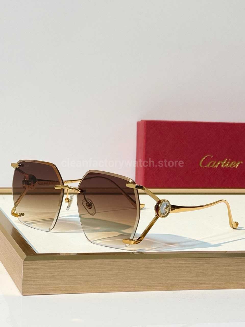 Cartier CT7194S Rimless Sunglasses | Gold-Tone Temples, Milky White Circular Accents & Brown Gradient Lenses