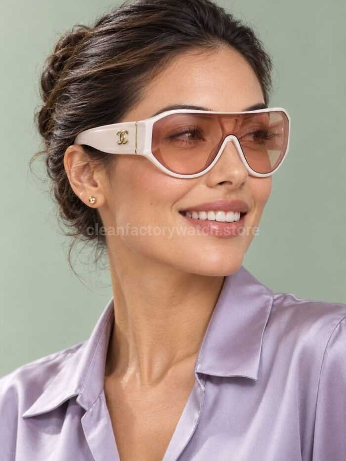Chanel 5568 Shield Sunglasses | Cream White Frame & Light Pink Lens - Image 2