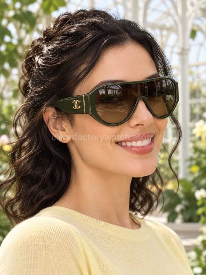 Chanel 5568 Shield Sunglasses | Dark Olive Green Frame & Brown Gradient Lens - Image 2