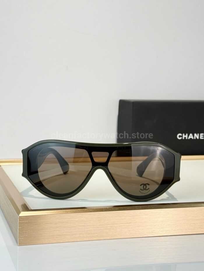 Chanel 5568 Shield Sunglasses | Dark Olive Green Frame & Brown Gradient Lens - Image 3