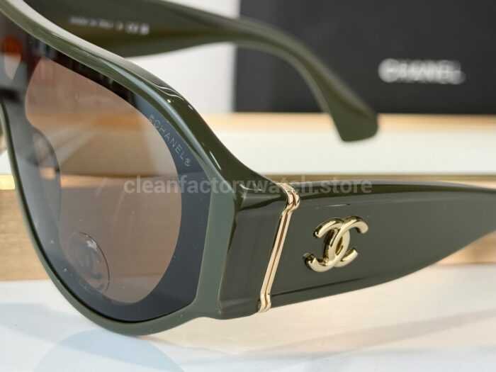 Chanel 5568 Shield Sunglasses | Dark Olive Green Frame & Brown Gradient Lens - Image 5