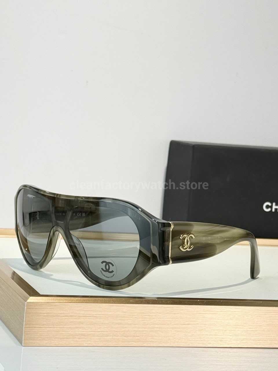Chanel 5568 Shield Sunglasses | Translucent Olive Grey Frame & Grey Gradient Lens