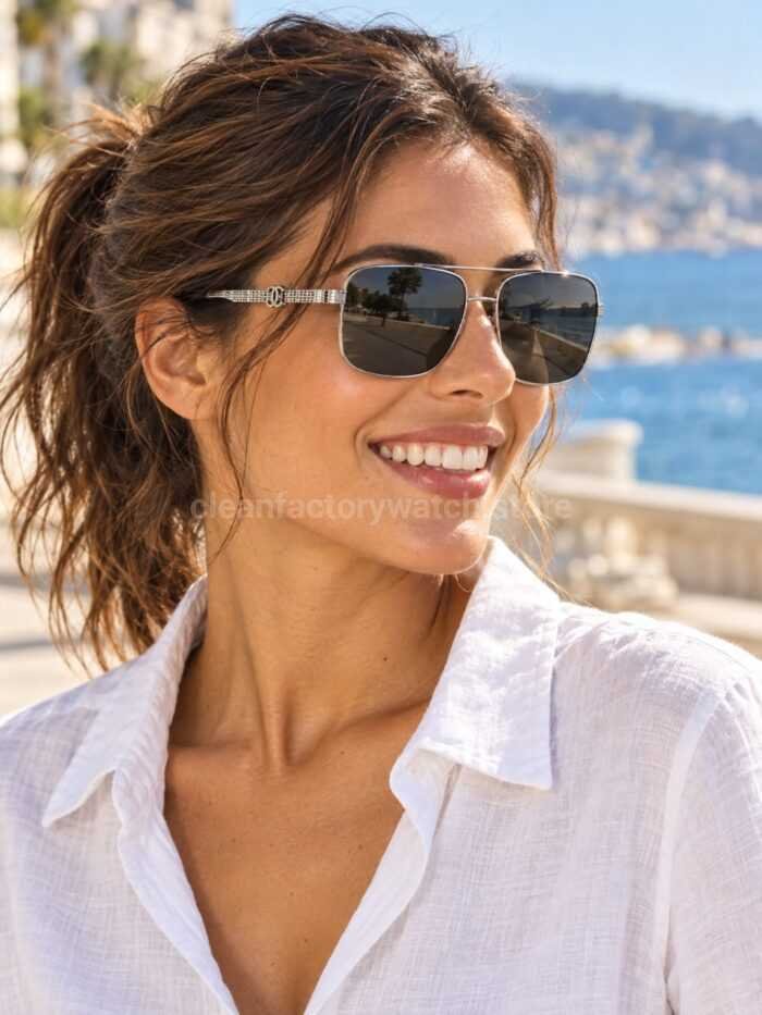 Chanel CH3514 Double-Bridge Square Sunglasses | Silver Frame with Dark Grey-Green Lenses - Image 2