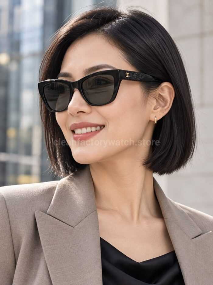 Chanel CH3518 Cat-Eye Sunglasses | Black Frame with Grey-Green Lenses - Image 2
