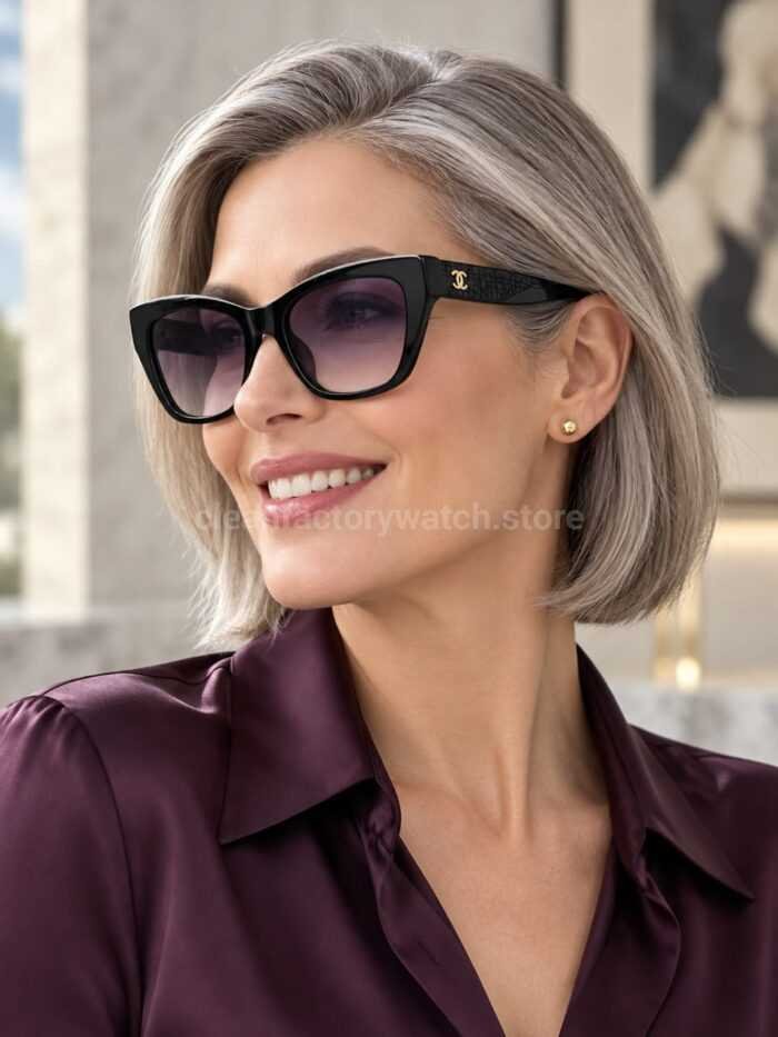 Chanel CH3518 Cat-Eye Sunglasses | Black Frame with Grey-Purple Gradient Lenses - Image 2